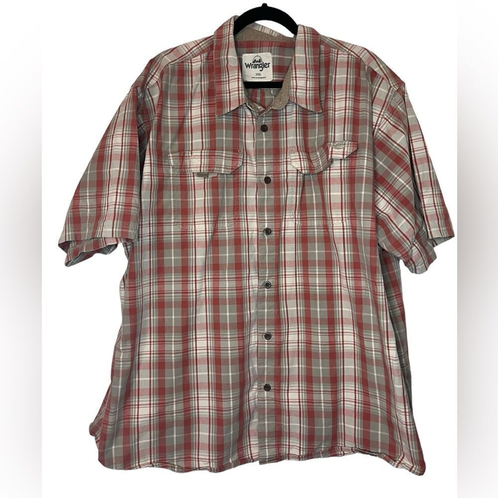 WRANGLER MENS 3XL‎ BIG & TALL RED TAN BUTTON UP SHORT SLEEVE SHIRT